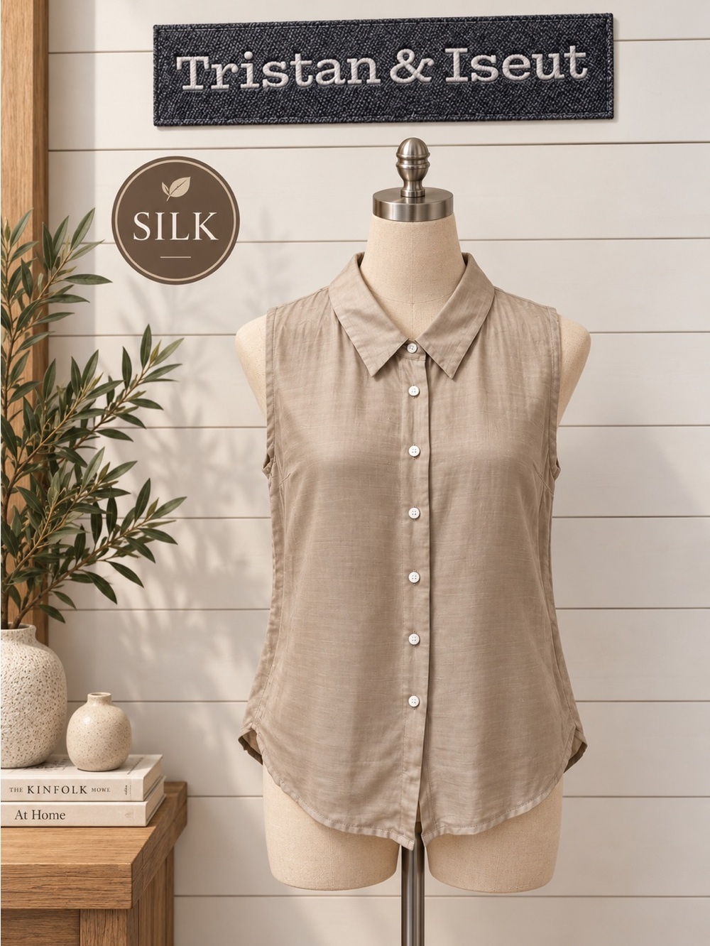 Vintage Tristan & Iseut Silk Linen Sleeveless Blouse – Beige – Size S